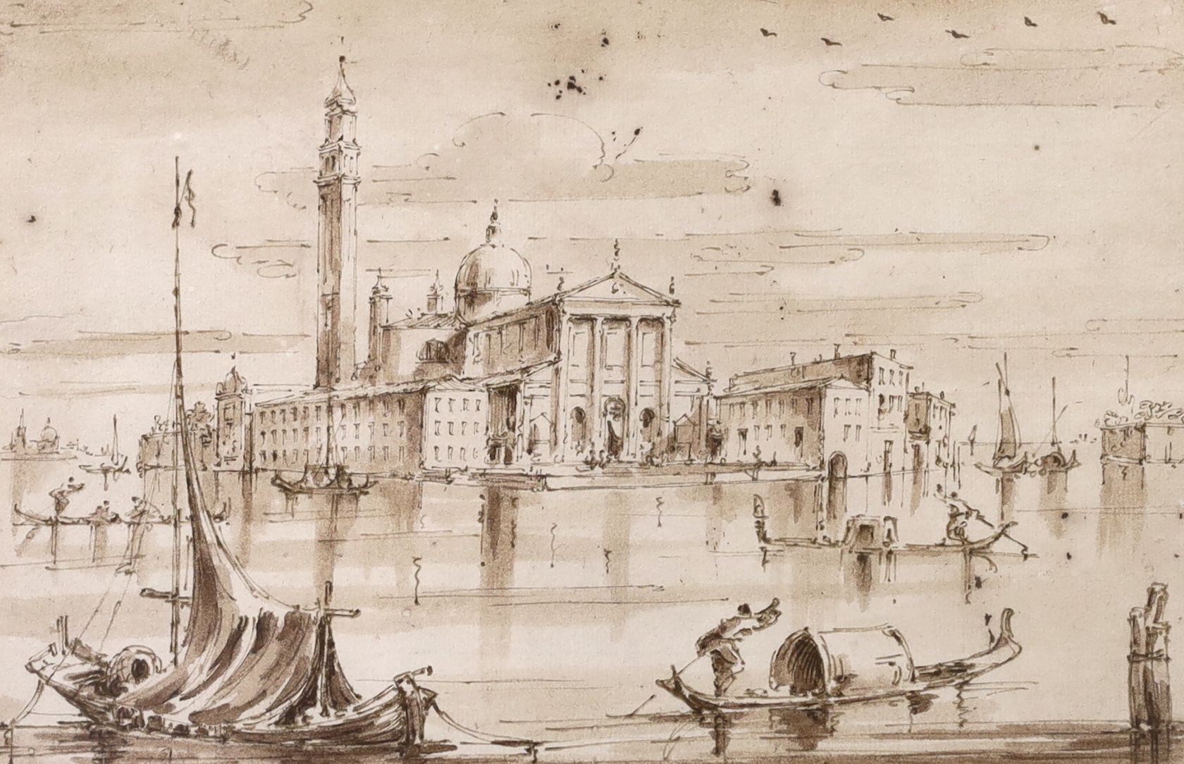 Italian School, pair of monochrome and sepia ink and washes, Venetian canals with gondolas, 18 x 25cm